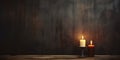 Two Candles On Vintage Stand And Wooden Surface, Dark Background With Copy Space. Soft Glow From Candles. Generative AI Royalty Free Stock Photo