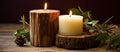 Two candles on a wooden stump, adding warmth to the table setting Royalty Free Stock Photo