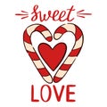 Two candy canes in the shape of a heart with the inscription sweet love. Hand drawn illustration for Valentines day