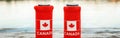 Two cans of beer in red cozy beer can cooler with Canadian flag standing on wooden pier by lake outdoor. Friends celebrating