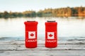 Two cans of beer in red cozy beer can cooler with Canadian flag standing on wooden pier by lake outdoors. Friends celebrating