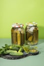Two cans of pickles and gherkins. Pickled pickles on a wooden chopping Board with herbs.