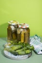 Two cans of pickles and gherkins. Pickled pickles on a wooden chopping Board with herbs.