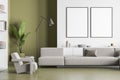 Two canvases on wall in white and olive living room Royalty Free Stock Photo