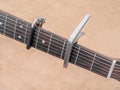 two Capo on the Acoustic guitar neck , capro made from aluminium, Selective focus at capo