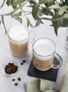 Two cappuccino or latte with milk foam in glasses on a light background with coffee beans and eucalyptus branch Royalty Free Stock Photo