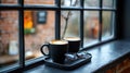 Two Cups of Coffee with Latte Art Beside a Window, Coffee Break Morning Royalty Free Stock Photo