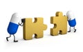 Two Capsule character connecting golden pieces of a puzzle, isolated white background, Golden jigsaw puzzle, 3d illustration