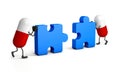 Two Capsule character connecting pieces of a puzzle, isolated white background, blue jigsaw puzzle, 3d illustration