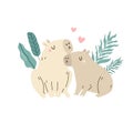 Two capybaras in love sitting in a jungle forest.