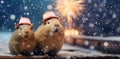 Two capybaras wearing Christmas hats celebrate the new year. Banner. Space for text. Generative AI