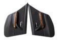 Two car door trims with textile upholstery and decorative wood insert on a white isolated background for banner repair and