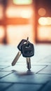 Two car keys on a table in front of blurred background, AI Royalty Free Stock Photo