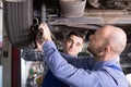 Two car mechanics at workshop Royalty Free Stock Photo