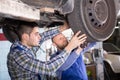 Two car mechanics at workshop Royalty Free Stock Photo