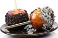 Two caramel candy apples with chocolate Royalty Free Stock Photo