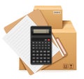 Two cardboard boxes, folder, form and calculator. Royalty Free Stock Photo