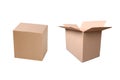 Two cardboard boxes one closed and one open on a white background in a studio setting for packing Royalty Free Stock Photo