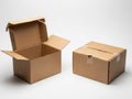 Two cardboard boxes, one open and one closed, on a plain background isolated on white background Royalty Free Stock Photo