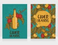 Two cards for cider season with beautiful branch of apple tree and bottle of cider