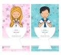 Two cards my first communion for boy and girl. Children praying.