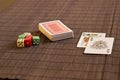 Two cards near deck with dices Royalty Free Stock Photo