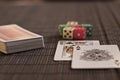 Two cards near deck with dices Royalty Free Stock Photo