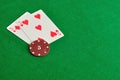 Two cards with a poker chip with the value of five Royalty Free Stock Photo