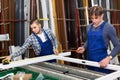 Two careful workers inspecting windows Royalty Free Stock Photo