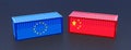 Two cargo shipping containers, red Chinese flag and blue European Union flag, EU vs China, production market, industry