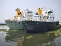 Two cargo ships are anchored in the middle of the river Royalty Free Stock Photo