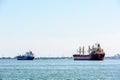Two cargo ships on water anchored in bay in Hamilton, Ontario, Canada Royalty Free Stock Photo