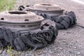 Destroyed blown tire with crushed and damaged rubber on a truck. Royalty Free Stock Photo