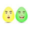 Two caricature Easter eggs yellow surprise and green laughter,