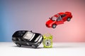 two cars accident crash on road and approaching police, insurance case, broken toys auto car Royalty Free Stock Photo