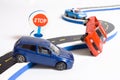 two cars accident crash on road, broken toys auto car, insurance Royalty Free Stock Photo