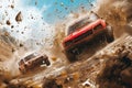 Two cars can be seen driving on a dirt road in a game, with dust being kicked up behind them, An action-packed scene from an off- Royalty Free Stock Photo