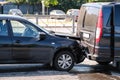 Two cars collided, not keeping the distance. Car accident on the street