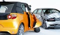 Two cars crashed in accident. Close up Low view angle Royalty Free Stock Photo