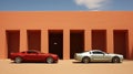 Two cars parked in front of a building. Generative AI image. Royalty Free Stock Photo