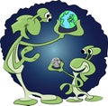 Two cartoon aliens holding earth and moon in their hands vector illustration Royalty Free Stock Photo