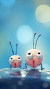 Two cartoon bugs sitting on a rock, AI