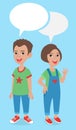 Two cartoon characters, brother and sister, with comics speech bubbles. Royalty Free Stock Photo