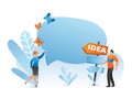 Two cartoon characters gesturing towards a large speech bubble and idea sign. Creative brainstorming and innovation Royalty Free Stock Photo