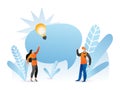 Two cartoon characters, a man and a woman, pointing at a light bulb idea. Creative teamwork and innovation conceptual Royalty Free Stock Photo