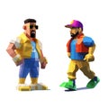 Two cartoon characters, men in glasses and vests of their multi-colored faces.