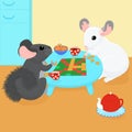 Two cartoon chinchillas play board games and drink tea