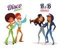 Two cartoon couples dancing dance in disco style and rhythm and blues