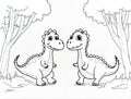 Two cartoon dinosaurs stand happily in a whimsical forest setting, inviting creativity in a coloring activity for Royalty Free Stock Photo