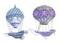 two cartoon fairytale hot air balloons in blue and lilac.Watercolor illustration Royalty Free Stock Photo